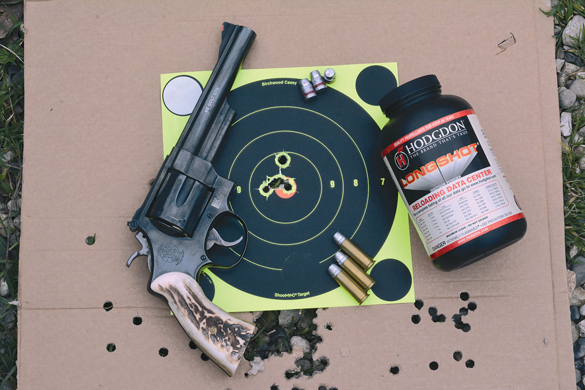 Brian has obtained impressive accuracy from his Model 25-5 45 Colt sixguns, but especially with handloads.